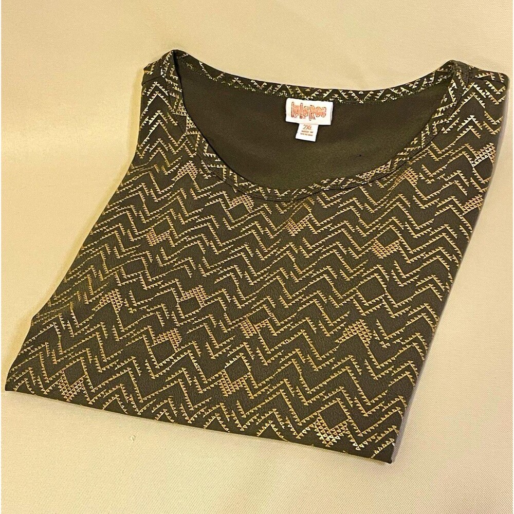 LuLaRoe Gray Gold Metallic Geometric Knit Scoop Neck Stretch T-Shirt Women 2XL